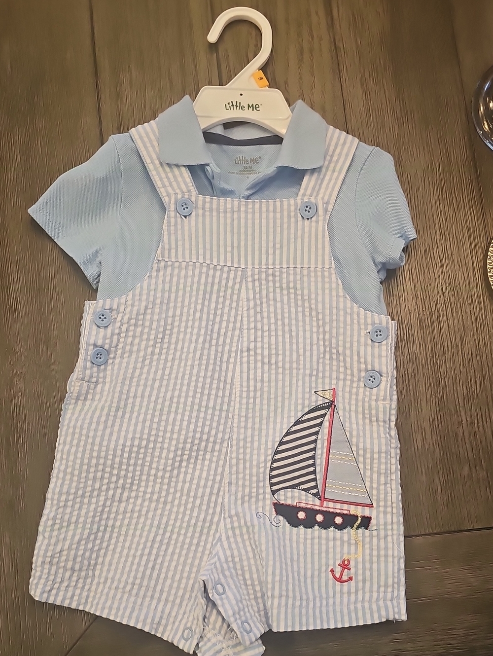 NWOT Little Me Light Blue Seersucker Sailboat Shortall